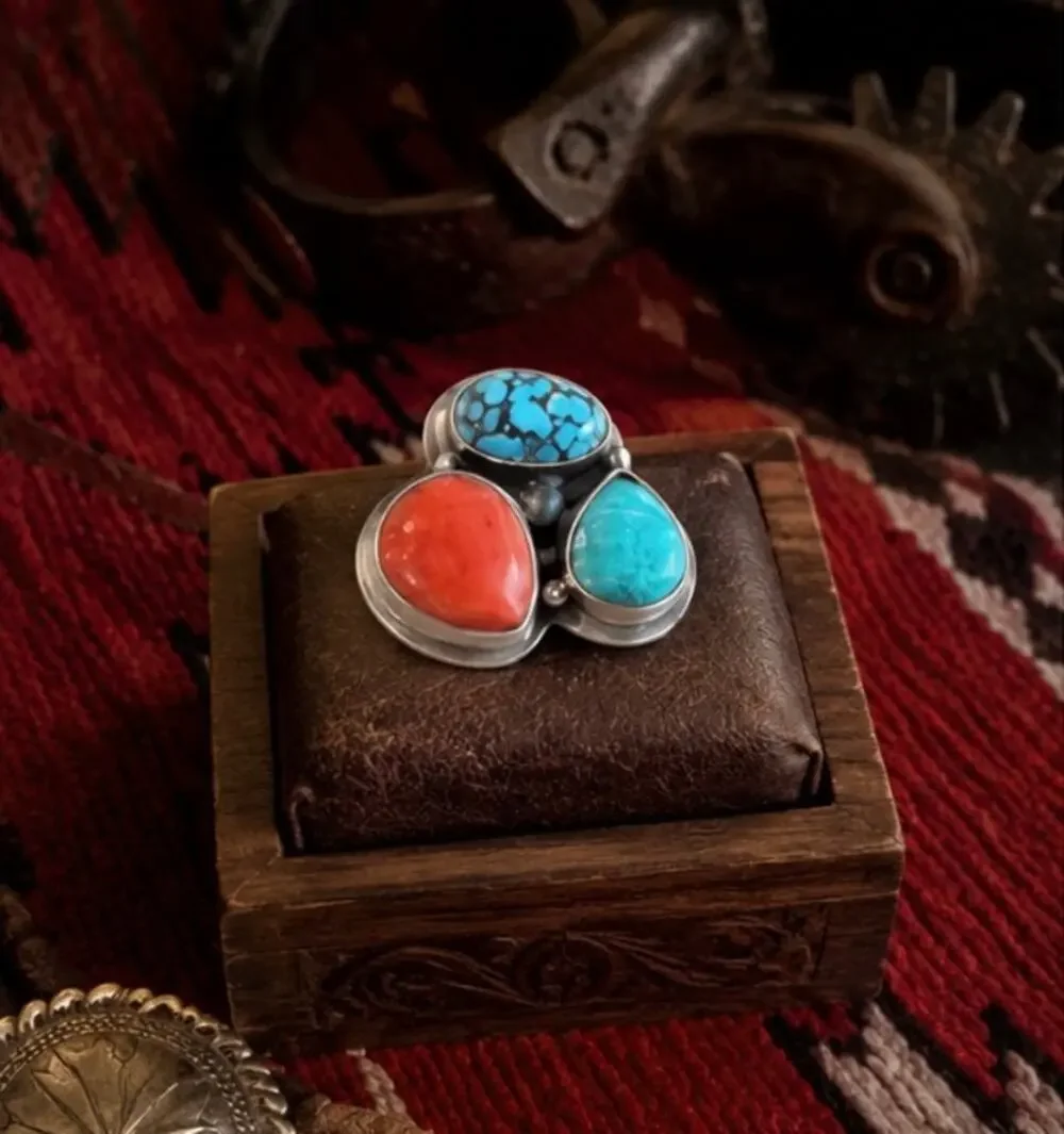 Three stone Turquoise & REd Coral Ring in Sterling Silver